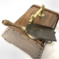 Late Victorian mahogany coal fall front perdonium, collar turned brass handle, with coal shovel and interior metal liner, W34cm