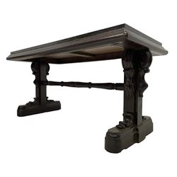 Pair of 19th century mahogany entrance tables, with rectangular marbled tops with applied gilt lining on step-moulded rails, the upright supports mounted with scrolled cartouche and c-scroll brackets, extending moulded sledge feet, the uprights joined by a turned stretcher, fitted with recessed castors