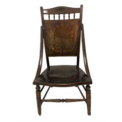 Late 19th century Thonet type bentwood chair, panelled back and seat with incised floral detail, raised on turned supports united by stretcher 