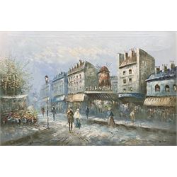 French School (20th century): Impressionist Street Scene with Moulin Rouge, oil on canvas signed 'Burnett' 60cm x 80cm