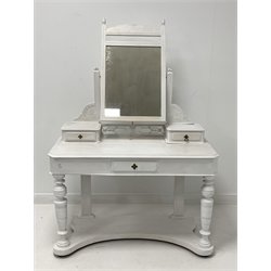 Late Victorian painted pine dressing table, with swing mirror, three drawers, turned front supports united by under tier
