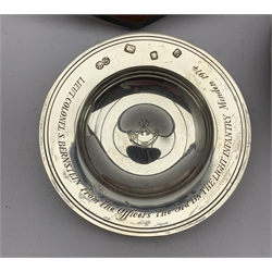 Small silver Armada dish with inscription to Lt. Col. S Bernstein, 3rd Bn. Light Infantry 1974 D9.5cm, wall shield with RAMC crest and a Continental dish inset with a Louis Pasteur medallion D11cm