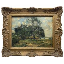 Arthur George Bell (British 1849-1916): Sheep Grazing in Shade in Impressionist Landscape, oil on board inscribed verso 28cm x 37cm
