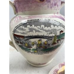19th century Sunderland pink lustre jug with views of the Iron Bridge and Mariners Compass H20cm, Sunderland lustre moustache cup and saucer with the sailors prayer and a 19th century loving cup in the Steeplechase pattern by John and Robert Godwin