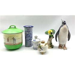 Royal Copenhagen figure of a penguin H23cm No. 419, Beswick parakeet No. 930, small Worcester vase painted with birds H8cm, Royal Doulton McVitie biscuit jar and cover and two other pieces
