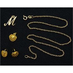 Pair of 16ct gold heart shaped earrings and matching pendant, gold 'M' pendant and necklace, both 9ct, all tested or hallmarked