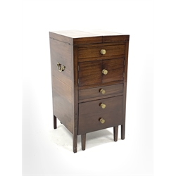 Late Georgian mahogany fold away wash stand, the top parting to reveal adjustable mirror and wash bowl, over cupboard, drawer and slide fitted with inset tooled leather surface, W46cm,H81cm, D46cm