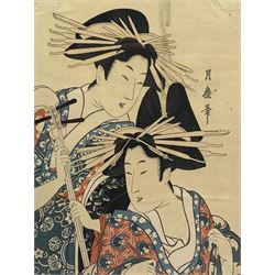 Japanese School (19th century): Women playing a Shamisen and Woman with Pets, pair colour woodblock prints 24cm x 18cm (2)