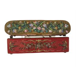 Victorian long footstool, with red floral upholstery over ebonised frame, together with another long footstool 