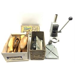 Prestacon model engineering press in box, drill stand and a number of wooden shoe trees, 