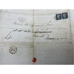 Pair of Queen Victoria 1840 two penny blue stamps, each with red MX cancel on letter, faint 'Falmouth OC10 1840' postmark to the back