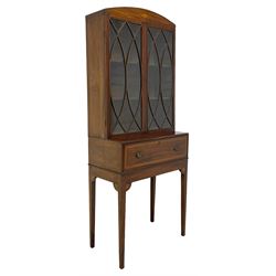 Edwardian inlaid mahogany secretaire bookcase, the arched top with inlaid shell motif over two doors, the doors with curved and intersecting astragal glazing, fall front secretaire drawer fitted with small drawers, pigeon holes and inlaid writing surface, square tapering supports with fan inlaid corner brackets, satinwood banding and boxwood stringing throughout 