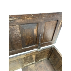 17th century oak coffer, four panelled lid revealing plain interior, scroll carved frieze and lozenge carved front, raised on stile supports, 133cm x 57cm
