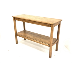  Rectangular oak two tier side table raised on square chamfered supports, 114cm x 42cm, H77cm  