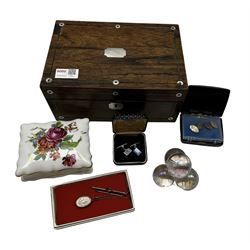 Victorian rosewood workbox containing an early 20th century iridescent glass paperweight, locket etc 
