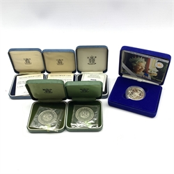 Six United Kingdom silver proof five pound coins, two dated 1972, two 1981, one 1990 and one 2002