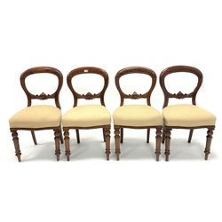  Set four Victorian walnut balloon back dining chairs, white striped linen upholstered seat raised on turned front supports, W47cm  