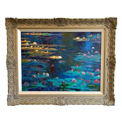 John Myatt (British 1945-) after Claude Monet (French 1840-1926): 'Water Lilies', giclée print on canvas hand embellished with oils and varnishes, signed and numbered 80/99 verso, comes with the Atelier Collection certificate of authenticity 74cm x 100cm