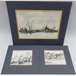 James Lishman (British 20th century): 'A Winter Landscape', watercolour signed, titled signed and dated 1982 verso; Swiss Landscapes, pair pen and inks signed and titled; Lada Koroleva: Continental House, watercolour, max 39cm x 27cm (4)