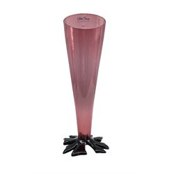 Gillies Jones Rosedale pink glass vase of tapering design on a flattened leaf foot H33cm signed and dated '97