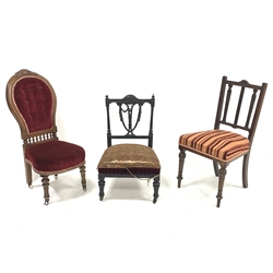 Victorian ebonised bedroom chair with pierced back carved with swags, upholstered seat, turned and fluted front supports, two other Victorian chairs and two Edwardian chairs (5)