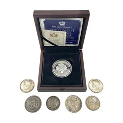 Two German States Prussia 1861 thaler coins commemorating the Coronation of Wilhelm and Augusta, King Edward VII Australia 1910 one florin, Germany 1951 five mark, two United States of America Kennedy half dollars dated 1964, 1969 and Queen Elizabeth II Bailiwick of Jersey 2015 silver proof five pound coin cased with certificate