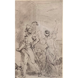 Unsigned pencil drawing, of a continental soldier and other figures, 30cm x 19cm