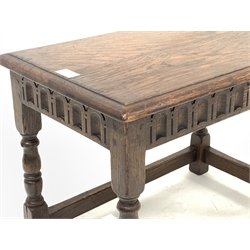 20th century oak joint table, rectangular moulded top on turned supports joined by stretchers, 56cm x 36cm, H40cm