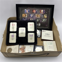 Coins and stamps including Queen Elizabeth II 2016 'Beatrix Potter 150 years' silver proof fifty pence cased with certificate, Longest Reigning Monarch silver proof five pounds cased with certificate, Queen Elizabeth II fine silver twenty pounds coin on card, five pound coin on card, various other coins and two limited edition stamp sets
