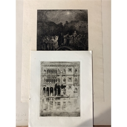 David Law after Gustave Dore, artist signed etching 'night scene in east London', 24cm x 18cm and David Young Cameron, artist signed etching of Venice, 19cm x 14cm, both unframed