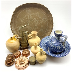 Moroccan earthenware blue and white ewer and basin, four terracotta jars, North African brass coffee pot and cups, brass tray etc