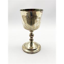 Silver chalice shape cup on a baluster stem and circular foot H16cm London 1971 8.5oz