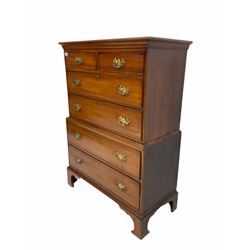 George III mahogany chest on chest, two short and five long graduated cock beaded drawers with hammered plate brass pull handles, raised on bracket supports W96cm, H133cm, D45cm