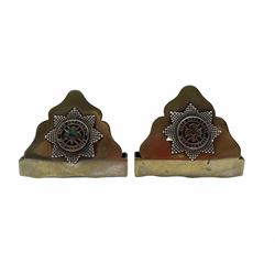 Pair of Irish Guards menu holders with silver and enamel badges