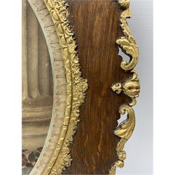 Early 20th century oak and parcel-gilt frame, the pierced and trailing foliate edge with stylised acanthus leaf decoration, gilt slip in egg and dart pattern with extending scrollwork, with print of classically draped maiden and doves after Sydney Kendrick, aperture 58cm x 69cm
