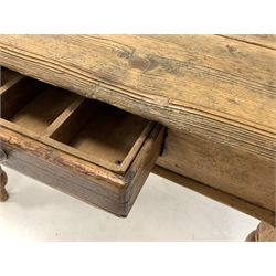 Victorian pine kitchen dining table, fitted with one drawer, raised on turned supports 