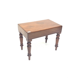 Victorian mahogany bidet stool, fitted top lifting to reveal ceramic liner, raised on turned supports 