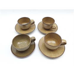 Mick Arnup (British 1923-2008): Series of four cups and saucers fired in a large oil-fired kiln with a celadon glaze from the Arnup collection