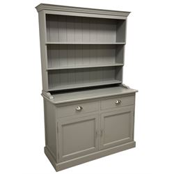 Light grey painted kitchen dresser, projecting moulded cornice over three-tier plate rack, fitted with two drawers and two cupboards, on plinth base