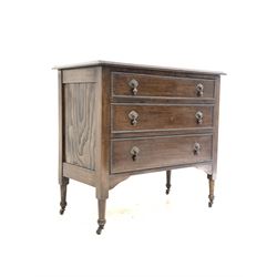 20th century oak chest fitted with three graduated drawers, raised on turned supports with castors W90cm
