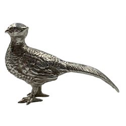 Three novelty silver animals modelled as a pheasant, otter and owl, by Sarah Jones, the pheasant dated 1997 L6cm, otter 1997 and owl 1993 (3)