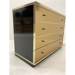 Renato Zevi -Mid century 'Hollywood regency' retro black glazed chest of four long drawers, with brass trim and rose gold mirrored drawer faces, on ebonised plinth base, W100cm, H75cm, D47cm