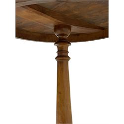 19th century birch, walnut, satinwood and fruitwood occasional table, the circular top with large central star motif within a cusped panel and lozenge band, turned pillar on three fretwork silhouette splayed supports