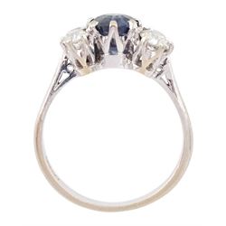 18ct white gold sapphire and old cut diamond ring, hallmarked, sapphire approx 1.65 carat, total diamond weight approx 1.00 carat
