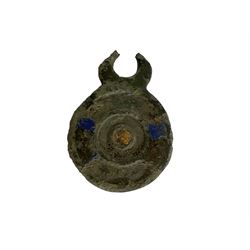 Roman British - Roman headstud brooch, complete with loop and decorated with blue and red inset enamel along the bow; Roman ring fragment with blue and yellow glass in large oval bezel; two Roman umbonate brooches circular shape with inset enamel remnants together with two bracelet fragments, all circa 1-200 AD