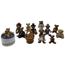 Three Hantel miniature articulated pewter teddy bears and basket, seven similar Warwick Miniatures teddy bears and a Sterling Classic 'Teddy Tea Party' miniature tea set, in the original box