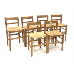 Matched set six 20th century cherry wood chairs, with rail backs and string seats, raised on square tapered supports W39cm

