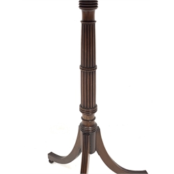 Regency mahogany tripod table, octagonal top with chequered inlayed band, over reeded and ring turned column and raised on reeded triple splay supports, 47cm x 37cm, H75cm
