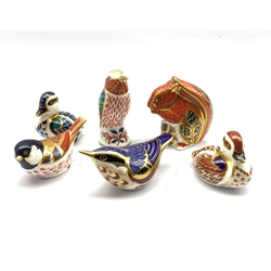 Six Royal Crown Derby paperweights comprising a Red Squirrel, Hummingbird, Coal Tit, two  Ducks and another bird (6)