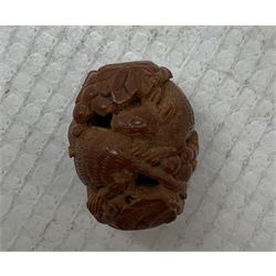 Five Japanese Meiji Ojime carved wooden beads, each intricately carved with figures, animals and foliage, L3cm max (5)